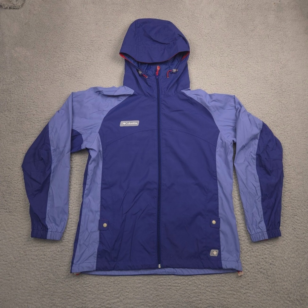 Columbia Women's L Jacket Blue Purple Colorblock Full Zip Hooded Windbreaker